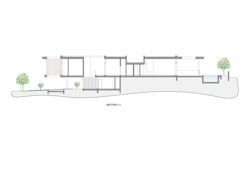 Section drawing showing split level volumes stepping with sloped site and landscaping