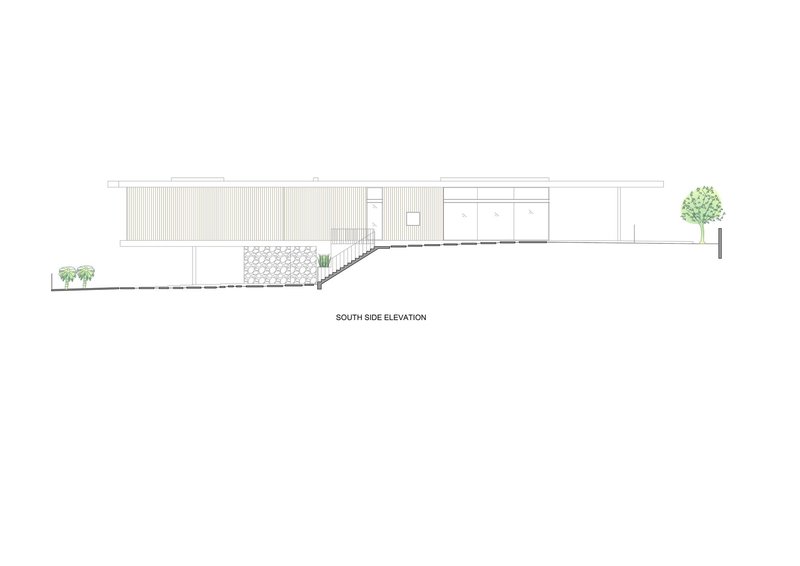 South elevation drawing showing horizontal volume with vertical slat screens and planted slope