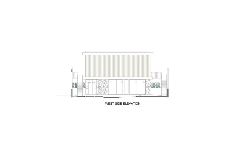 West elevation drawing showing a two-level structure with vertical cladding and planted areas at grade