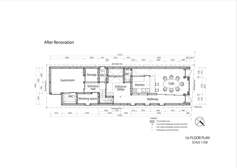 First floor plan drawing showing guestroom, entrance hall, kitchen, and cafe after renovation