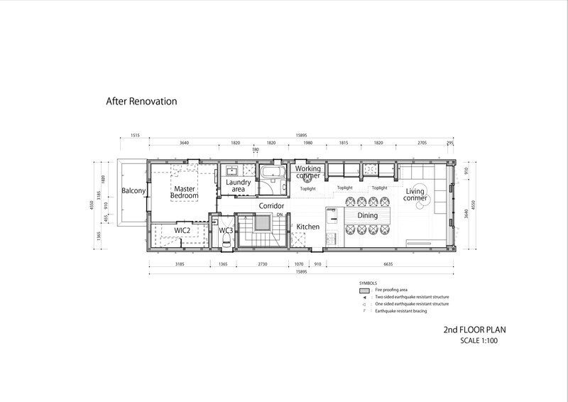 Second floor plan drawing showing master bedroom, working corner, and dining area after renovation