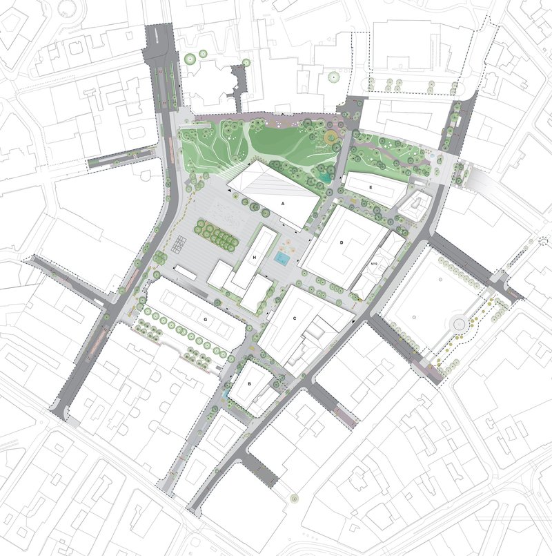 Site plan drawing depicting buildings around central green space with street grid and planted areas in color