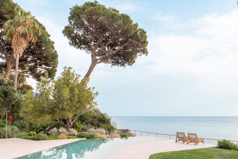 Infinity pool terrace with two lounge chairs overlooking the sea beneath a leaning pine tree
