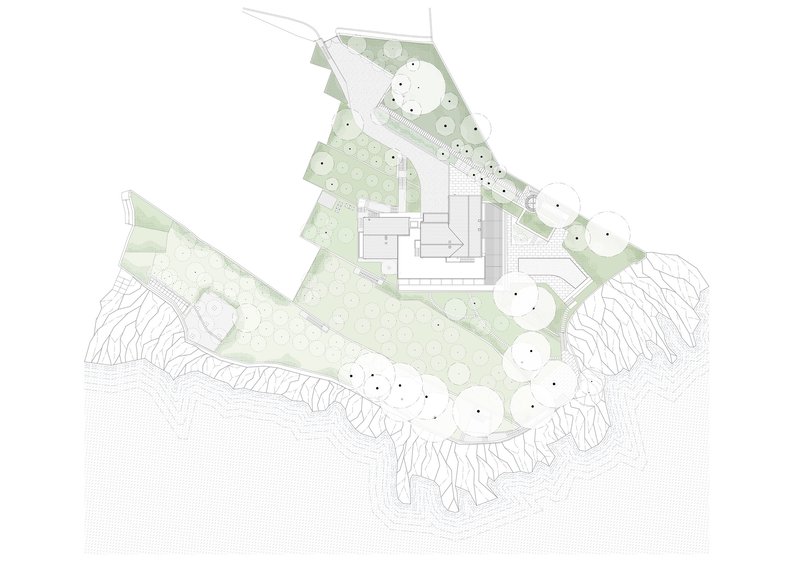 Site plan drawing showing building footprint and landscape terraces along a cliff edge