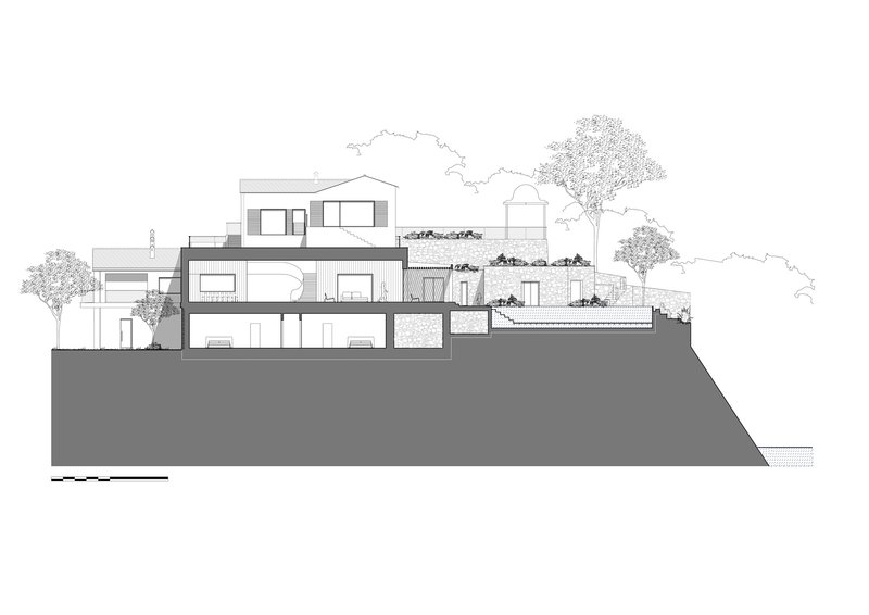 Section drawing revealing terraced levels stepping down a slope with trees and roof gardens