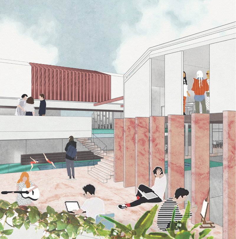 Open courtyards and transitional spaces create immersive environments for creativity and informal education.