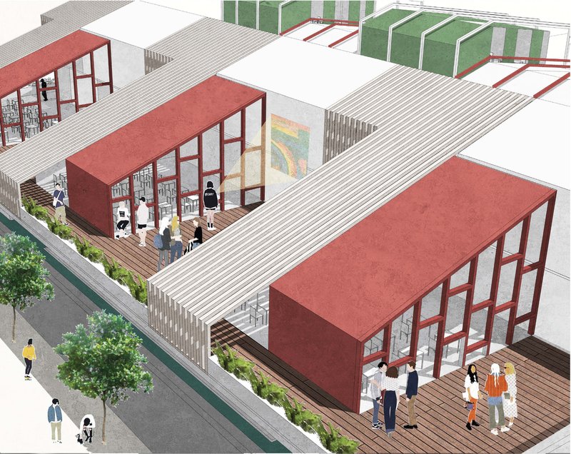 Flexible classroom architecture layered above active social and recreational environments.