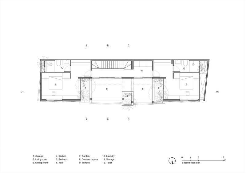 Second floor plan with two bedrooms flanking a central open space and planted voids