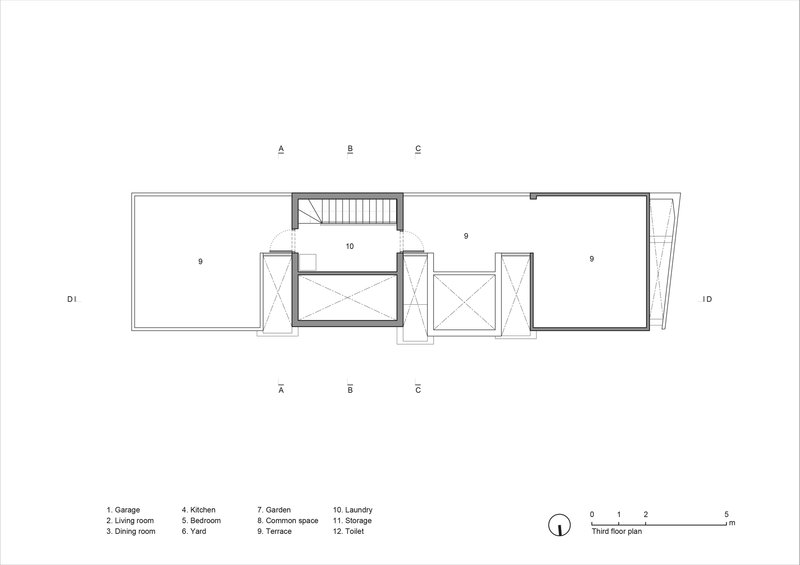 Third floor plan showing terrace spaces flanking a central stair and utility core