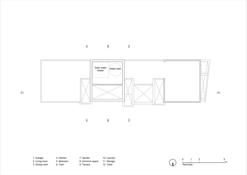 Roof plan drawing showing solar water heater and water tank with three sectional cut lines