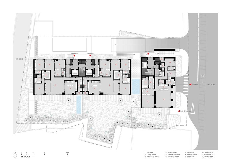 First floor plan drawing showing residential units arranged around two central cores and a pool