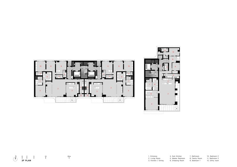 Third floor plan drawing showing two building volumes with multiple residential units and central circulation