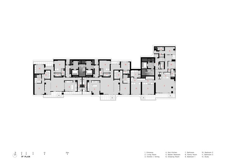 Floor plan showing multiple residential units arranged in a stepped linear configuration