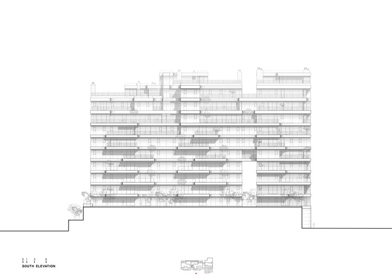 South elevation drawing of a terraced residential tower with staggered balconies and floor plates