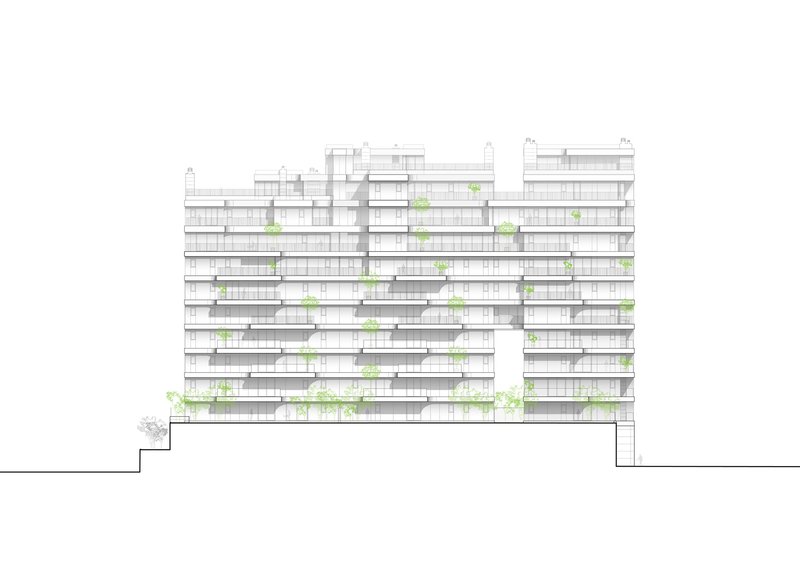 South elevation drawing showing the terraced tower with trees planted on the stepped balconies