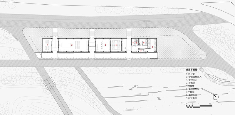 Floor plan drawing revealing three rectangular gallery spaces connected by circulation and service zones