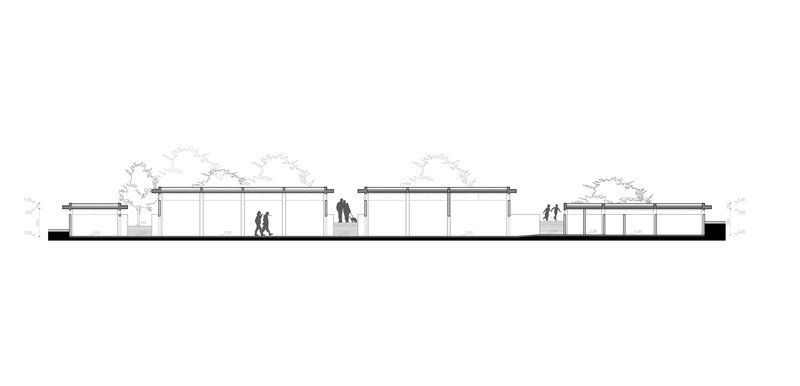 Longitudinal section drawing displaying offset roof heights across connected pavilions with figures and trees