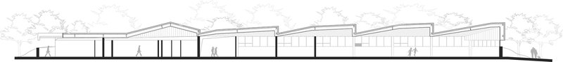 Elevation drawing showing a series of gabled roof volumes with vertical cladding and human figures