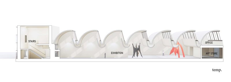 Section drawing showing exhibition space with undulating vault ceiling and silhouetted figures