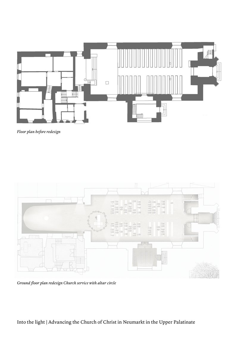 Floor plan drawings showing the existing layout with pews and the redesigned sanctuary with altar circle