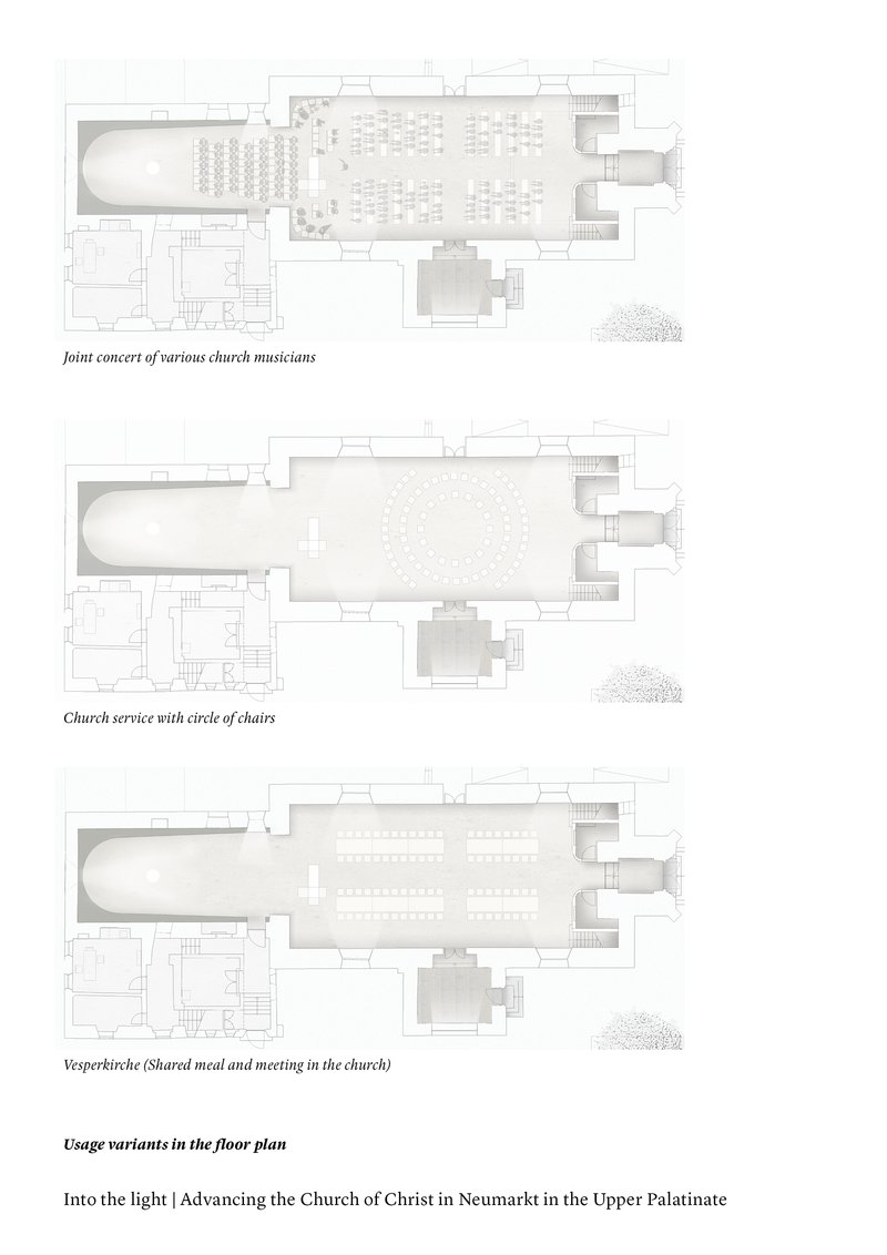 Floor plan drawings illustrating three different seating arrangements for concerts, services, and shared meals