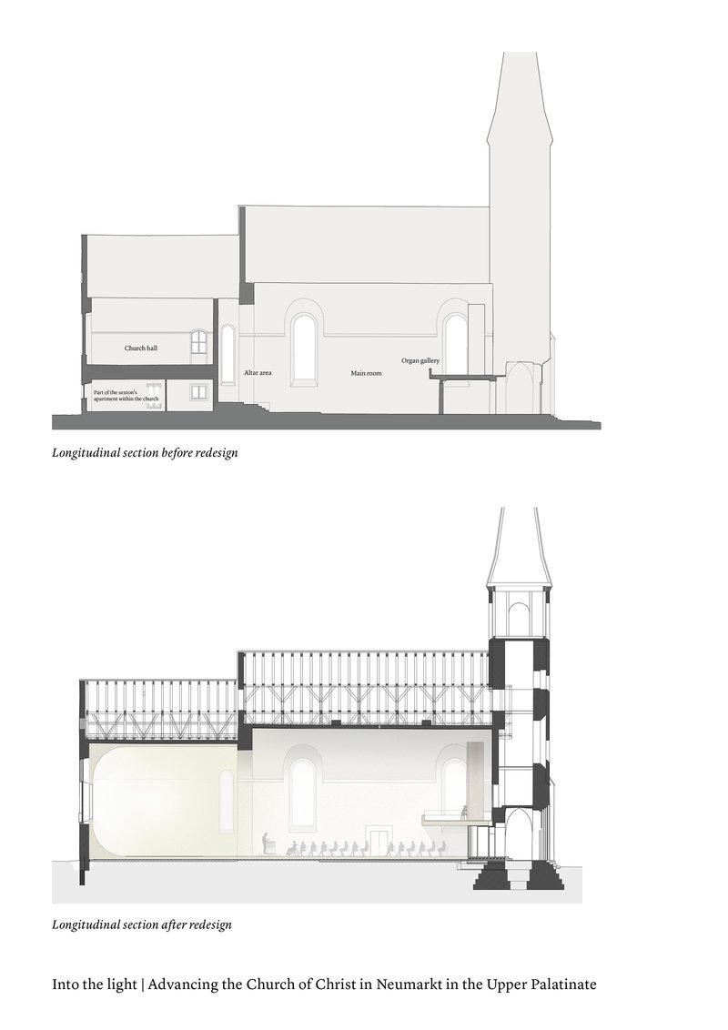 Longitudinal section drawings comparing the existing building with the proposed redesign including new tower