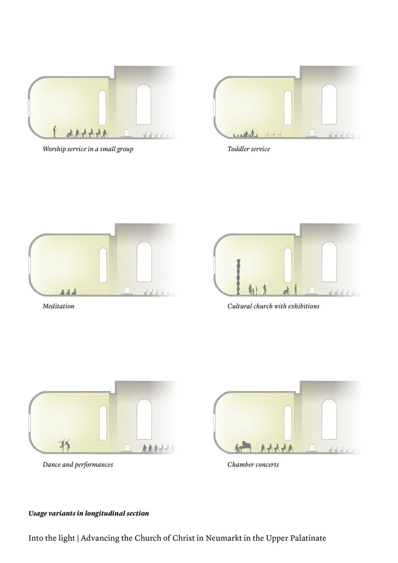 Section drawings showing six different spatial configurations with silhouettes of people in varied arrangements