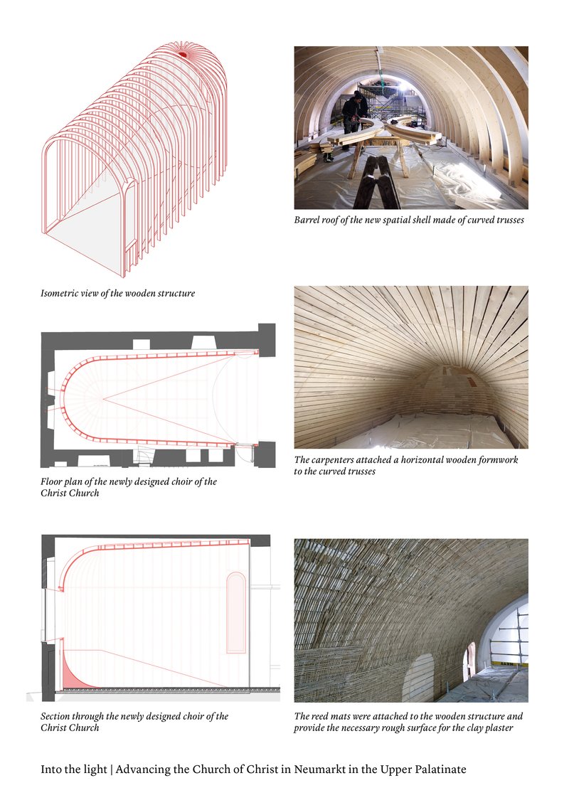 Isometric view of the barrel vault structure with floor plan and photographs of curved wooden trusses