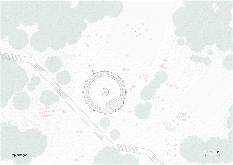 Site plan drawing showing a circular structure surrounded by tree canopies and a diagonal pathway