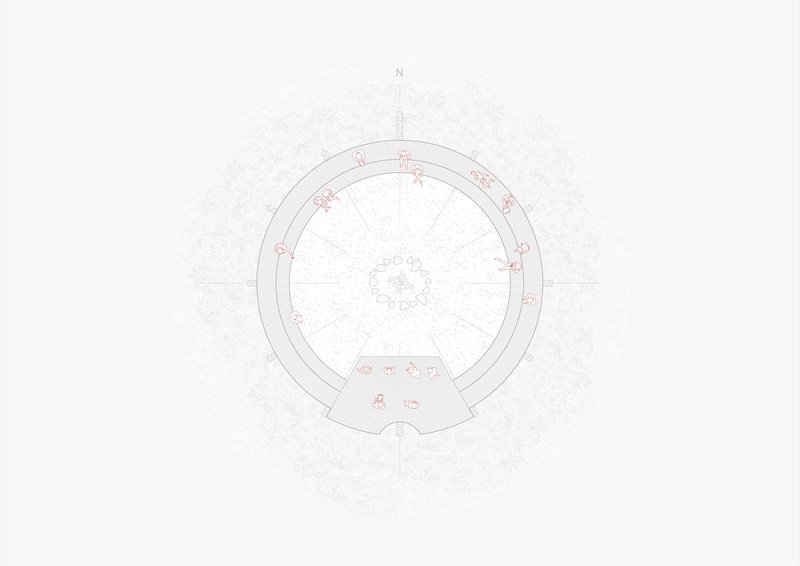 Floor plan drawing showing a circular structure with a central core and radiating spaces oriented to north