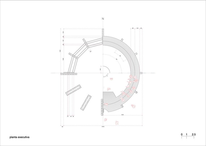 Floor plan drawing revealing a curved building with rectangular volumes extending from the perimeter
