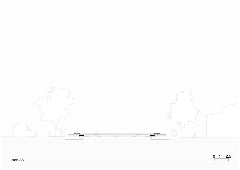 Section drawing showing the low-profile structure nestled in sloping landscape with deciduous trees