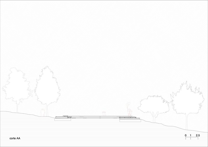 Section drawing depicting the horizontal building profile integrated into the terrain with surrounding vegetation
