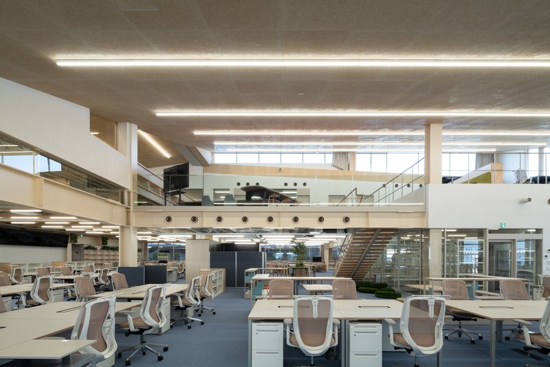 Open office workspace with mezzanine levels, linear ceiling lights, and workstations arranged across blue carpet