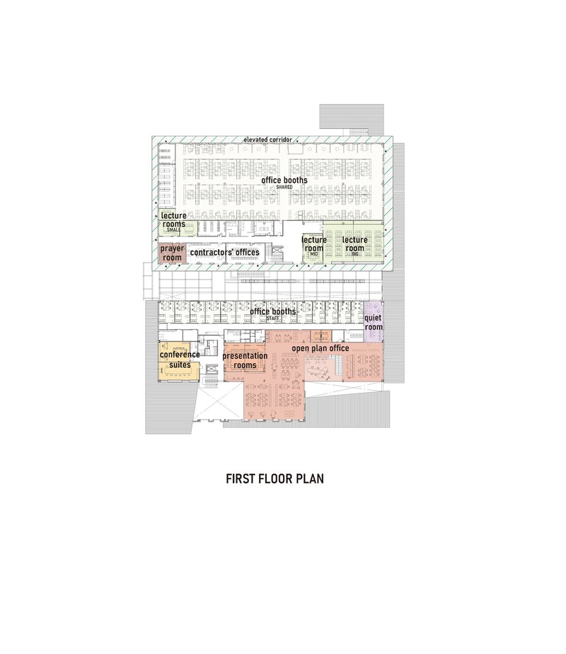 First floor plan drawing indicating office booths, lecture rooms, prayer room and elevated corridor layout