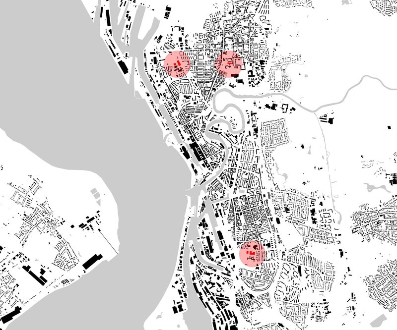 Urban plan drawing showing the development area highlighted in pink within the broader street network and waterfront