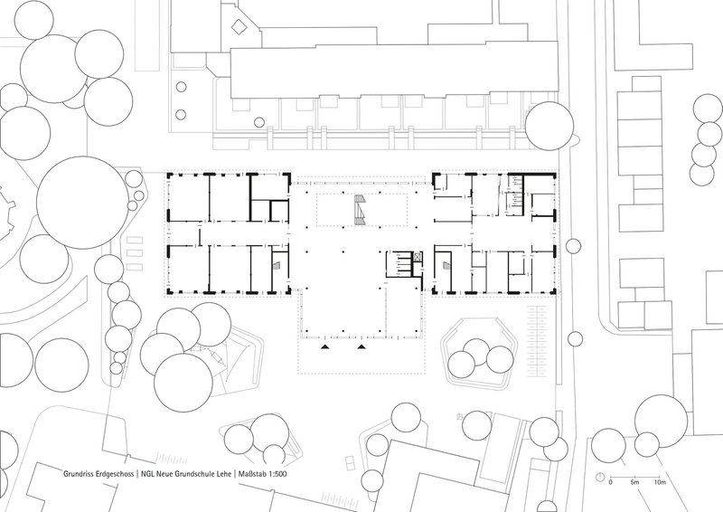 Ground floor plan drawing showing a symmetrical layout with central circulation and surrounding tree canopies