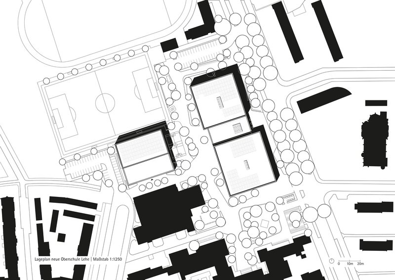 Site plan drawing showing three courtyard buildings arranged in a cluster with surrounding landscape and trees