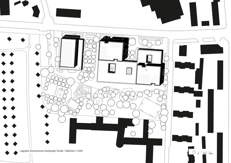 Site plan drawing showing building volumes in black surrounded by circular tree symbols and neighboring structures