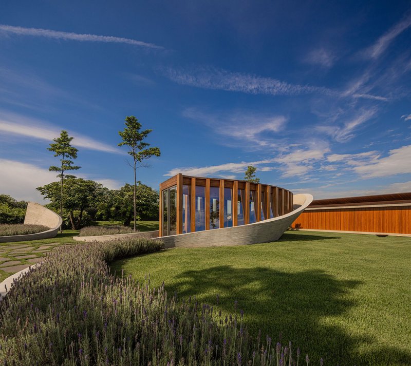 Curving white concrete path with planted lavender beds leading to timber-clad glazed pavilion under blue sky