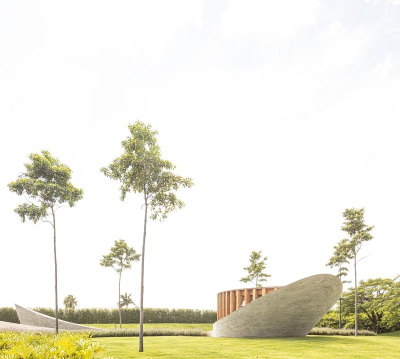 White concrete canopy rising from lawn with tall trees and timber pavilion in bright daylight