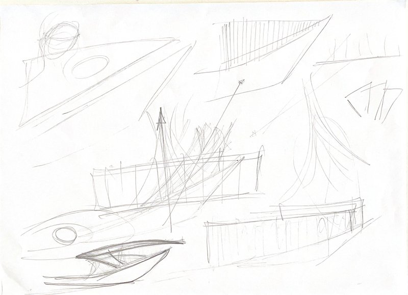 Perspective sketch studies of angular volumes and sculptural roof forms with layered hatching