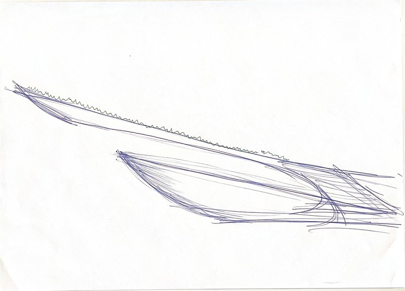 Sketch of an angular canopy structure with triangulated support elements in blue ink