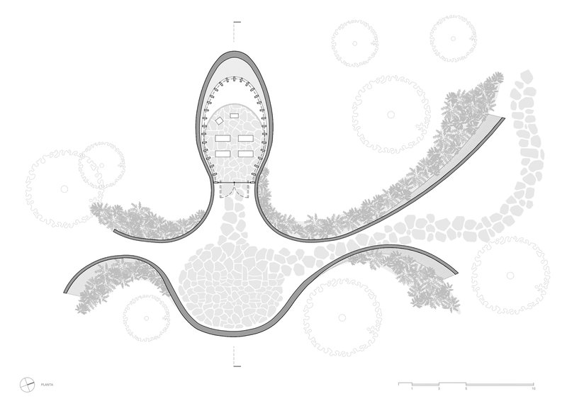 Plan drawing showing an oval-shaped volume connected to curving pathways through planted beds and circular tree canopies
