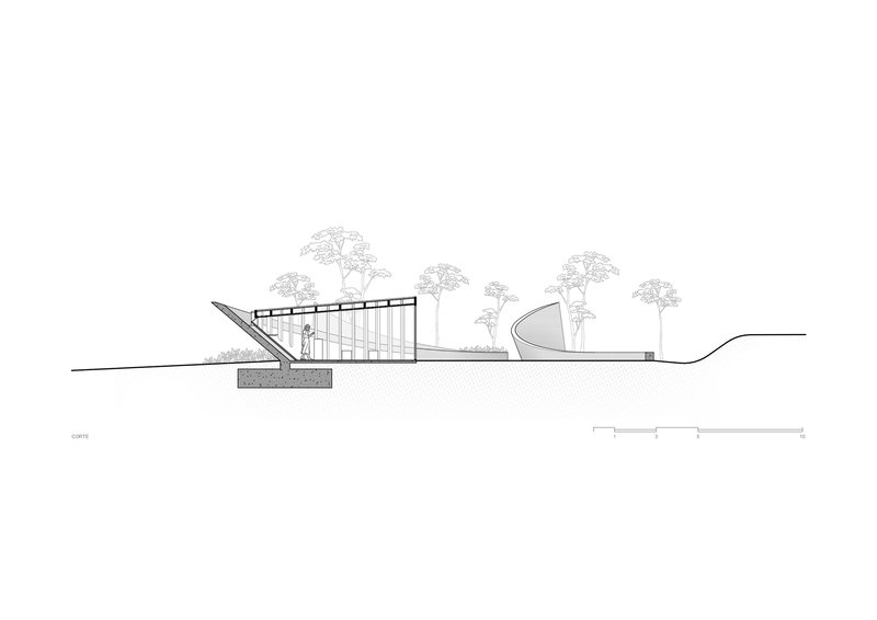 Section drawing revealing a partially buried volume with glazed walls and a planted roof canopy among scattered trees
