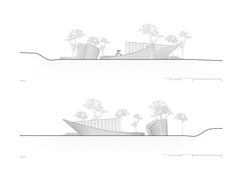 Elevation drawings showing two curved roof volumes emerging from the ground plane with trees and a walking figure