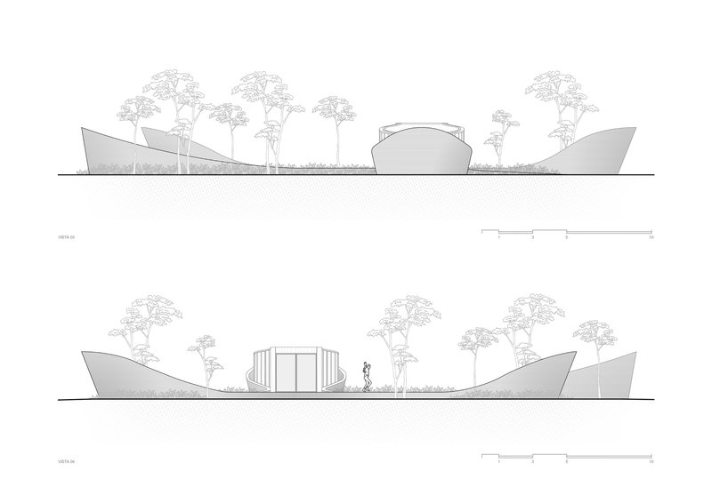 Elevation drawings depicting paired cantilevered roof forms flanking a central glazed pavilion with trees and a human figure