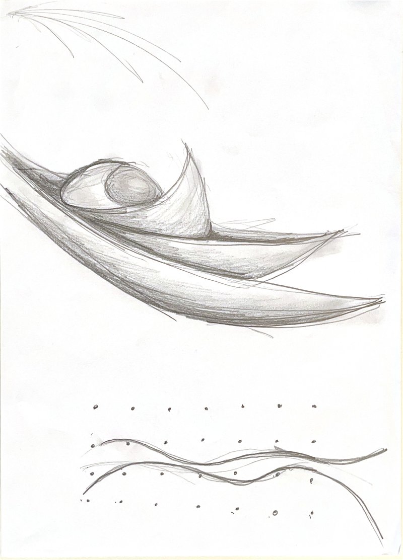 Sketch showing layered curving roof forms with an oval volume nestled beneath sweeping structural lines