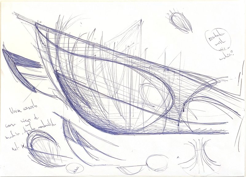 Conceptual sketch in blue pen showing a flowing roof form with curved lines and handwritten notes