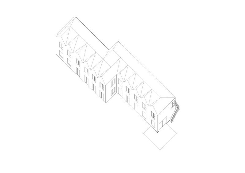 Axonometric drawing showing a linear building with repeating pitched roofs and fenestration